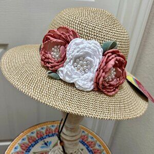 Elegant Women's Tweed Sun Hat With Satin Flowers And Pearls Special Event (NEW)